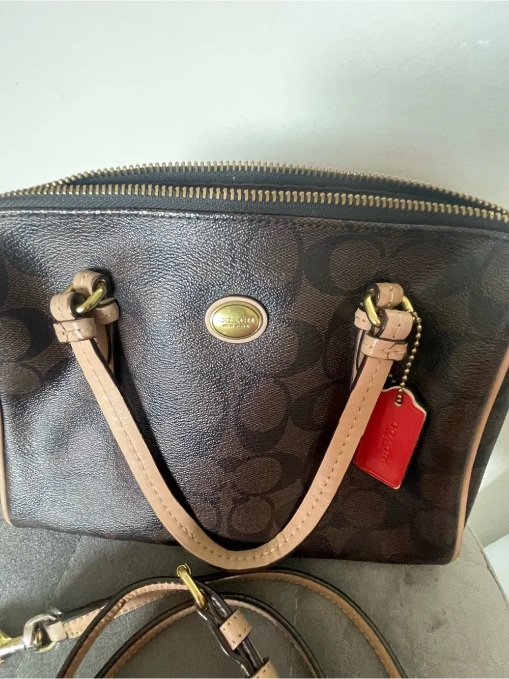 Coach Brown Signature Satchel with Beige Trim and Red Tag